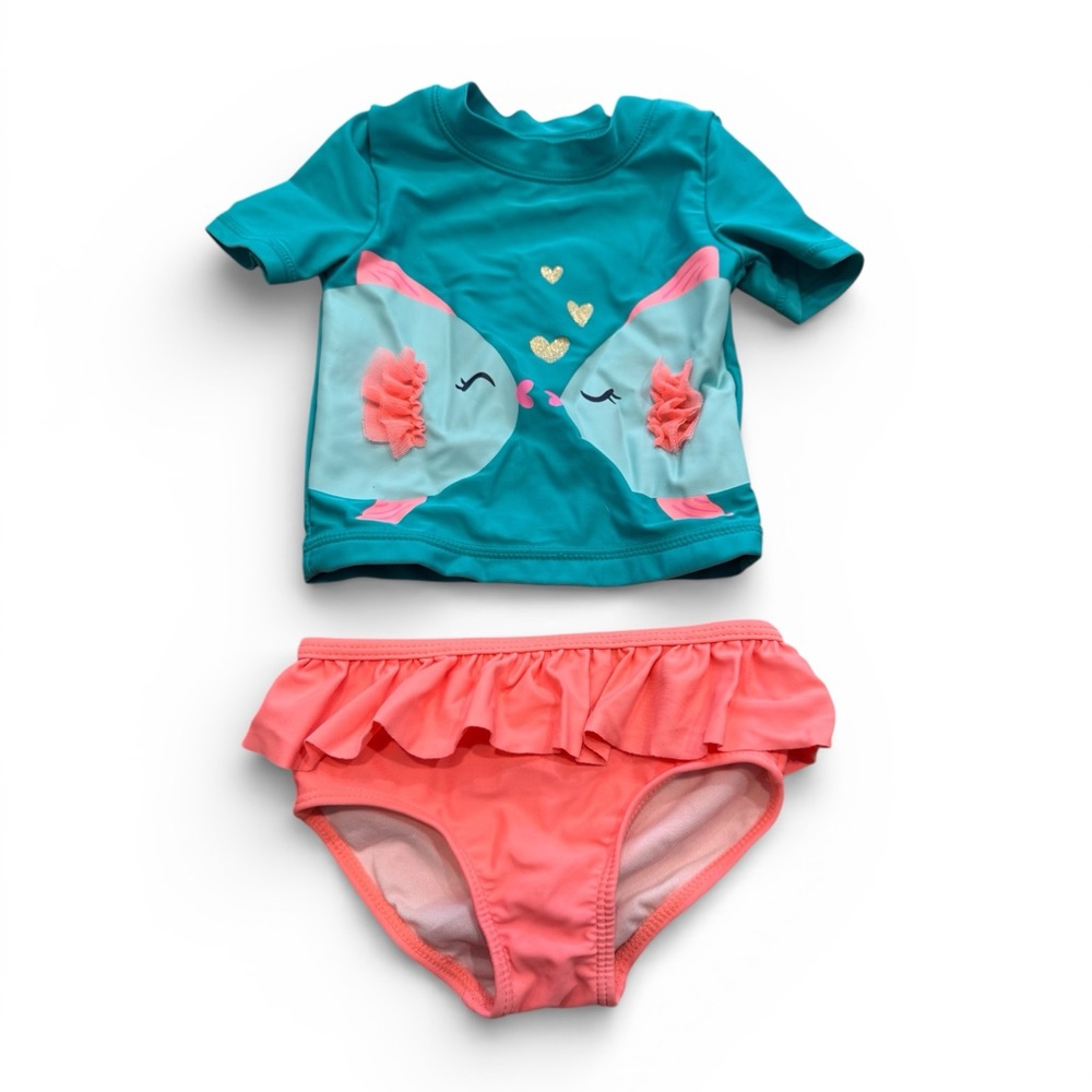 Carter's 2-piece kissing fish rash guard baby girl swimsuit set- Size 12 Months